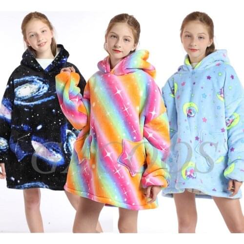 Unicorn Hooies for Toddler Girls Oversized Sweatshirts Baby Kids Fleece Homewear 2021 Winter Warm Blanket Childrens Sleepwear