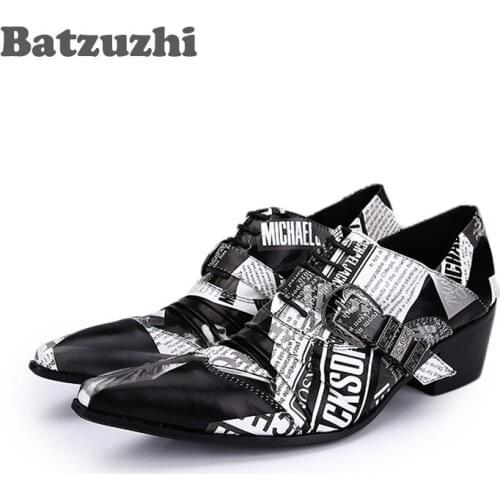 Batzuzhi 6.5CM Mens Shoes High Heels Personality Paper Pattern Leather Shoes Men Oxford Pointed Toe Zapatos Oxford Hombre, 38-46