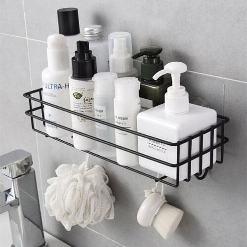 Iron Bathroom Storage Rack Metal Punch-Free Shelf Shower Wall-mounted Suction Basket Organizer Kitchen Home Corner Hanging Racks