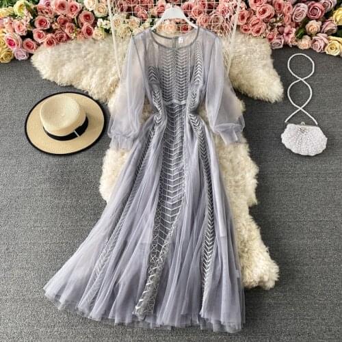 Womens Spring Summer Runway Fashion Long Sleeve Big Mesh Dress Female High Waist ChicTravel Party Dress TB1923
