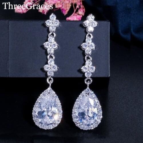 ThreeGraces Fashion Brand Cubic Zirconia Jewelry White Gold Color Long Dangle CZ Crystal Drop Earrings For Women Party ER071