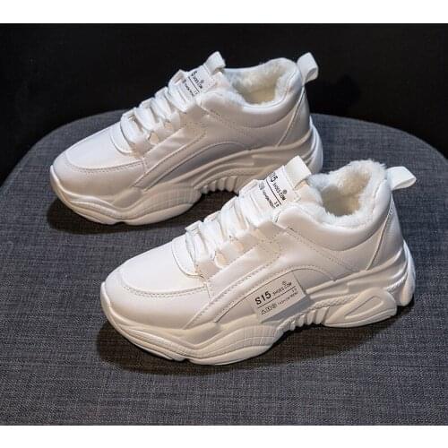 2019 Casual Shoes Woman Platform Sneakers Winter Warm Plus Cashmere Fashion Leather Chunky Basket Ladies Shoes Heighten White