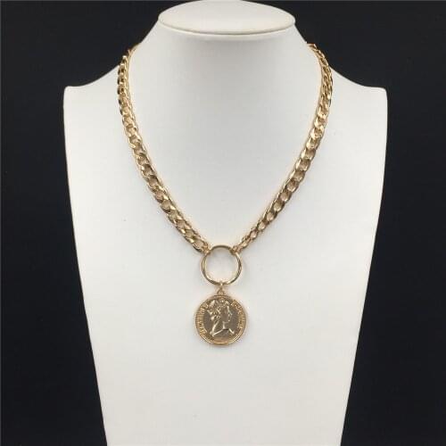 Gorgeous Gold Color Plating Queen Engraved Big Coin Long Necklace For Women Trendy Casual Lovely Elegant Jewelry Accessory