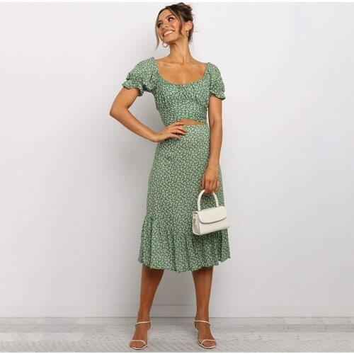 Summer Dress Women 2021 Floral Print Sexy Dress Two Piece Set Short Puff Sleeve Crop Top And Midi Skirt Elegant Dress Vestidos