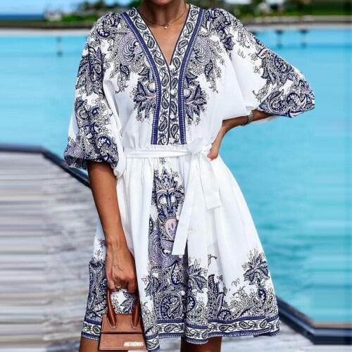 2021 autumn retro print fashion party dress female casual V-neck mid-length skirt spring temperament elegant chiffon ladies dres