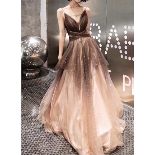 Formal Luxury Evening Dresses V-Neck A-Line Spaghetti Strap Sleeveless Khaki Sequined Backless Zipper Woman Prom Party Dress New