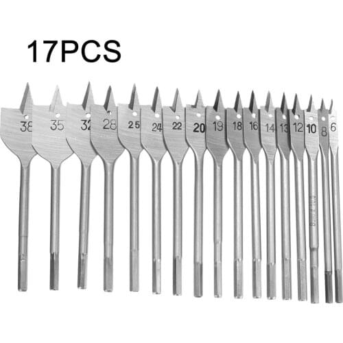 17Pcs Metric Sizes 6-38MM Woodworking Machine Hexagonal Handle Flat Wood Drill Bits Set Bit Wallated Wood Open Hole