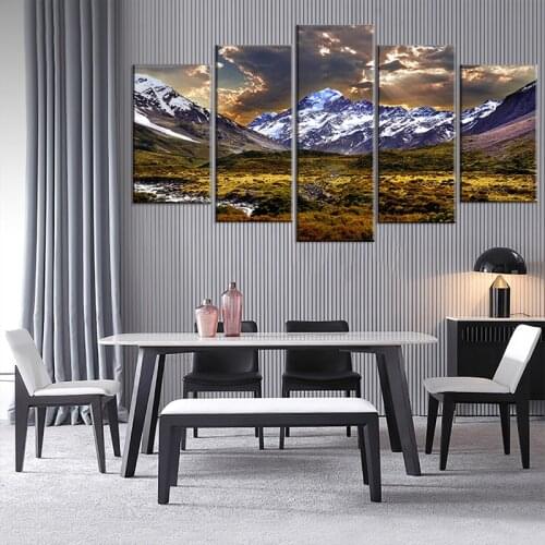 HD Print Canvas Wall Art 5 Piece Ice Mountain Posters Grassland Landscape Picture for Living Room Home Decor Hanging Painting