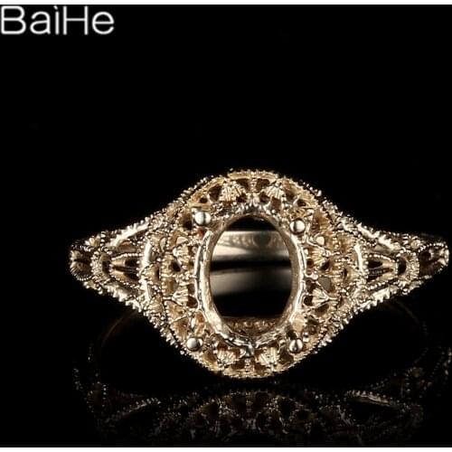 BAIHE Solid 14K Yellow Gold(AU585) Certified Oval cut Wedding Women Vintage Fine Jewelry Elegant unique Semi Mount Gift Ring