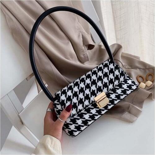 Brand Houndstooth Small Flap Women Shoulder Bags High Quality Lock Handbag 2021Luxury Pu Leather Underarm Bag Female Plaid Purse