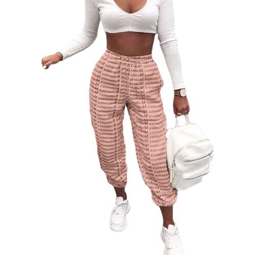 Hirigin Women’s Casual Pencil Pants Jogger Letter Printing Elastic Waistband Casual Pants for Young Ladies Cotton Summer Clothes