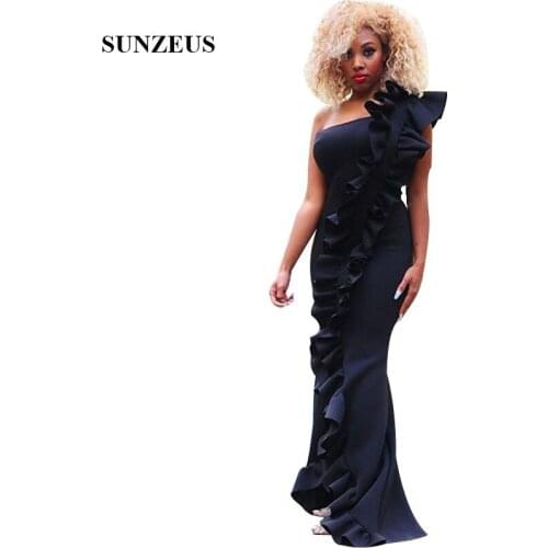 Black One Shoulder Evening Dresses With Ruffles Sheath Elegant Women Formal Long Dress African Party Gowns