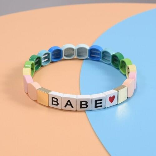 Honeycomb Tile Enamel Bracelet BABE Letter Alphabet Bracelet Colorblock Bracelet Elastic Bracelet Bead Tile Bracelets Gilrs 2020