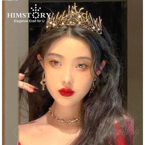 Himstory White Black Pink Pearl Beads Baroque Vintage Prom Tiara Crown Wedding Leaf Branch Pageant Crystal Headpiece Hair Access
