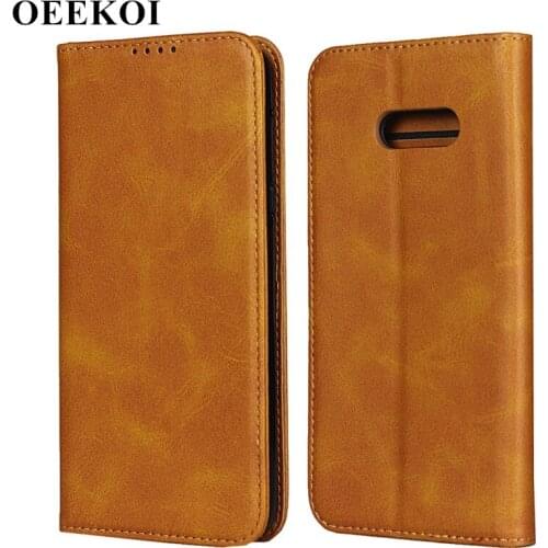 OEEKOI Calf Stripe Magnetic Snap Wallet Leather Case for LG V50S ThinQ