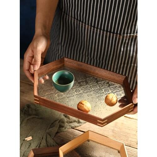 Creative Retro Glass Storage Tray Wooden Tea Cup Tea Cup Jewelry Fruit Snacks Storage Solid Wood Dry Fruit Plate Home Decoration