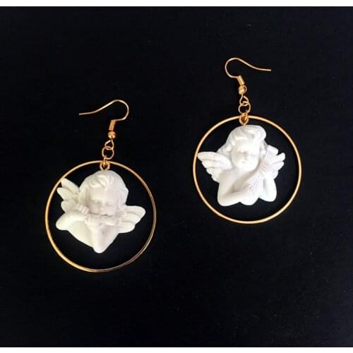 Cute Cupid Angel Pendant Drop Dangle Earring Round Gold Metal Punk Jewelry for Cool Women Friendship Girl Gift New Harajuku