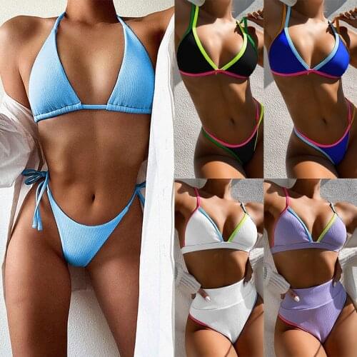 New Solid Bikini Female Swimsuit Women Sexy Thong Swimwear Two-pieces Bikini set High Leg Cut Bather Bathing Suit Swim