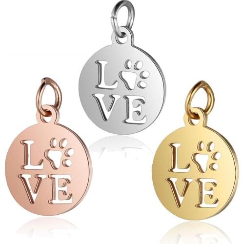 12*17mm Polished Stainless Steel Love Heart Charms for Jewelry Accessories DIY Necklace Bracelets Keychain Dog claw Round Tag