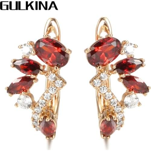 Gulkina Hot Red Natural Zircon Earrings For Women 585 Rose Gold Womens Crystal Flower Earrings Wedding Jewelry Valentines Gifts