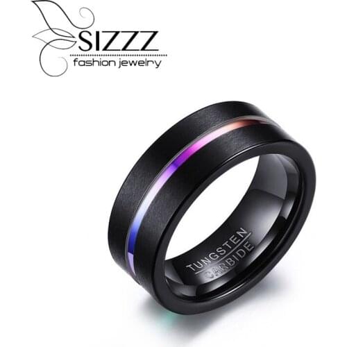 SIZZZ 8MM Tungsten Carbide Ring for Men Jewelry Thin Rainbow Color Line Wedding Ring