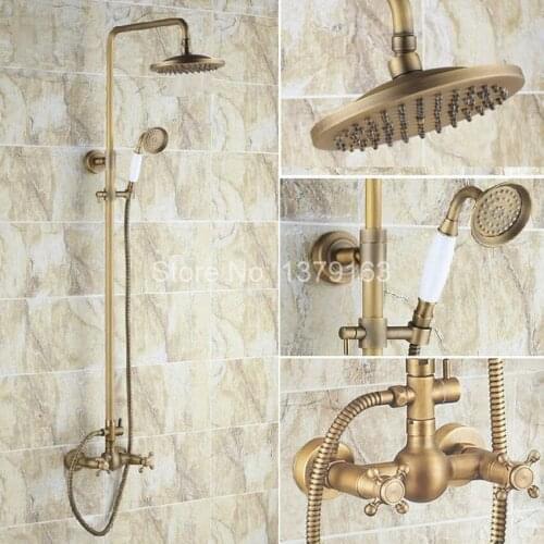 Antique Brass Dual Cross Handles Rain Bathroom Shower Faucet Set + Porcelain Handle Hand Shower ars108