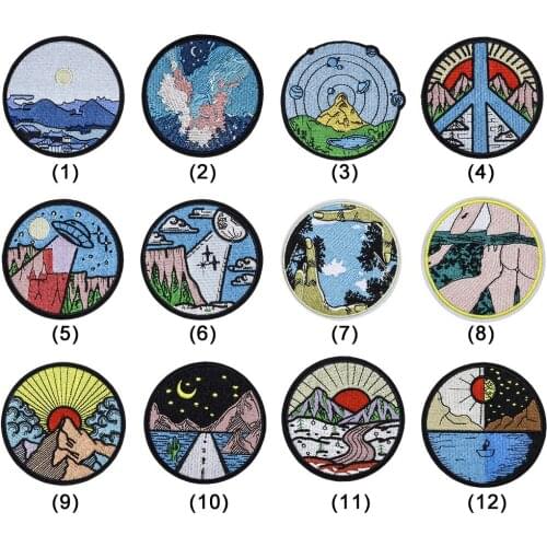 Scenery Embroidery Round Patch Iron on Patches on Clothes Heat-Adhesive Embroidered Patches for Clothing Jackets DIY