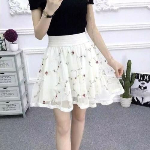 New Summer High Waist A-Line Women Skirt Large Size Elastic Waist Lace Pleated Skirt Sweet Mini Student Skirt Tutu Skirt