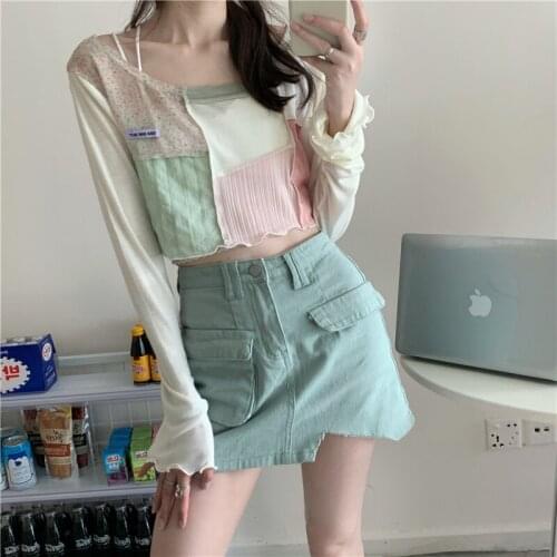 Womens Spring 2021 New Splicing Short Long-sleeved T-shirt All-match Irregular Short Skirt Two-piece Trend