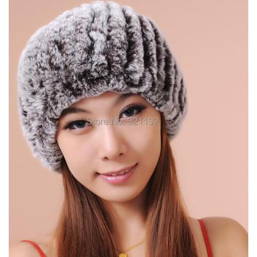 Women Winter Free Size Fur Beret Hat Female Thick Hand-knitted Rabbit Pineapple Rex Rabbit Fur Caps Scarf Lady Stretch Sca
