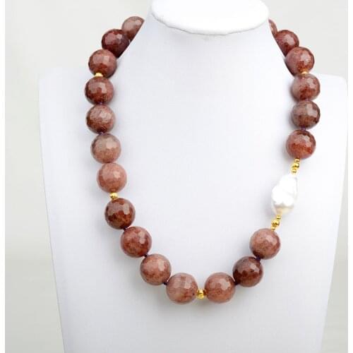 Womens 20'' 18mm Strawberry Quartz Lepidocrocite White Keshi Pearl Necklace