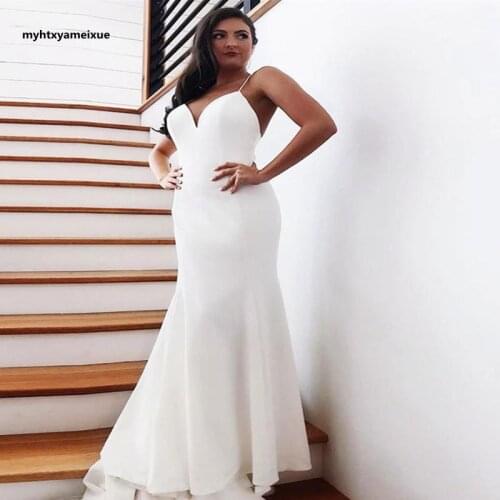 Beach wedding dress2021white satin long mermaid bridal gown with spaghetti straps sexy v-neck halter boho bridal gownRobeMariage