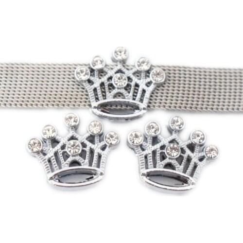 10mm Silver Crystal Crown Slide Charms Flat Hole Metal Beads Keeper Fit 10mm Stainless Steel Mesh Bracelets DIY Jewelry Making