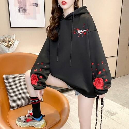 #1146 Hooded Sweatshirts Women Plus Size Cotton Loose Sweatshirt Female Korean Style Womens Hoodies Sweatshirts White Black Tops