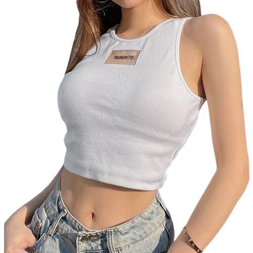 2021 Womens Tank Tops Cutout Letter Print Crop Top Vest Solid Sleeveless Crew Neck Slim Fit Crop Tops Harajuku Female Slim Tees