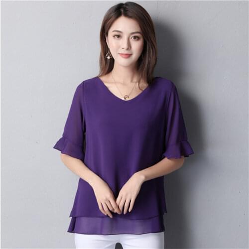 2020 Summer Solid Blouses Womens Casual Loose Chiffon Shirt Blusa Feminina Flare Sleeve Tops Blusas Plus Size M-6XL 7XL 8XL