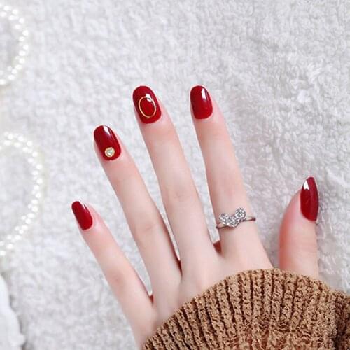 24pcs/box with 2g glue Round Head Fake Nails press on Sand Color Hollow Circle Gold Beads Full Cover short size Women Nail tips