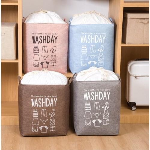 75L Cotton Linen Folding Storage Basket for Clothes Quilt Toys， Drawstring Dirty Clothes Waterproof Square Laundry Hamper