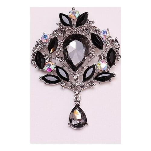 4" Rhodium Silver Tone Grey Crystal Diamante Large Drop Wedding Brooch