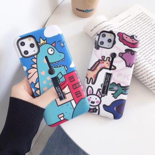 For iPhone12 11Pro max Novelty Cartoon Dino Animal Stand Holder Phone Case Xsmax XR 6s 78plus SE2020 Cover Body Shell Protection