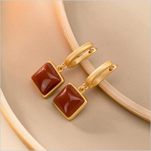 Natural South Red chalcedony geometric Square Earrings Chinese style retro unique ancient gold craft charm womens brand jewelry