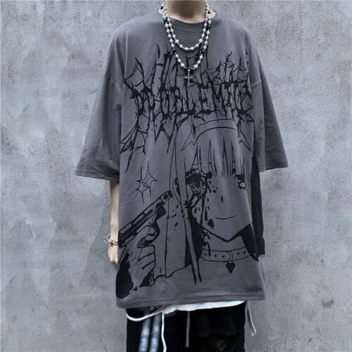 Korean trend dark T-shirt hip-hop graffiti anime print summer oversize large size short-sleeved shirt for men women unisex tees