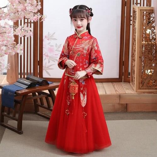 Red Chinese Style Flower Girls Dresses Lovely kids Dresses Girls Cheongsam Baby Elegant Clothes Traditional New Year Dress