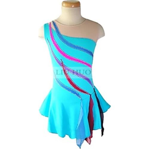 Figure Skating Dress Womens Girls' Ice Skating Dress Sky blue High elastic spandex fabric Polychromatic stripe decoration