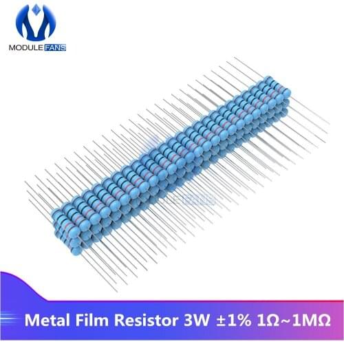 100PCS Metal Film Resistor 1R-1M 1R 2.2R 4.7R 5.1R 10R 20R 22R 47R Ohm Resistance 1% +1% -1% 3W Diy Electronic