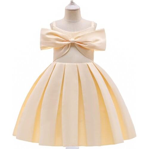 Spaghetti Straps Bow Birthday Dress For Party Dress Champagne Satin Clothing 4-10 Years Old Toddler Christening Gowns