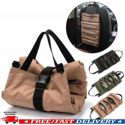2019 New Fashion Canvas Tool Roll-Up Bag Wrench Storage Carrier Pouch Car Back Seat Organizer(Khaki Army Green Black)