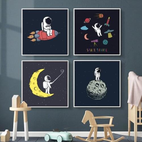Posters&Prints For Boy Bedroom Decor Cartoon Rocket Astronauts Moon Nursery Wall Picture Canvas Painting For Kids Room Decor