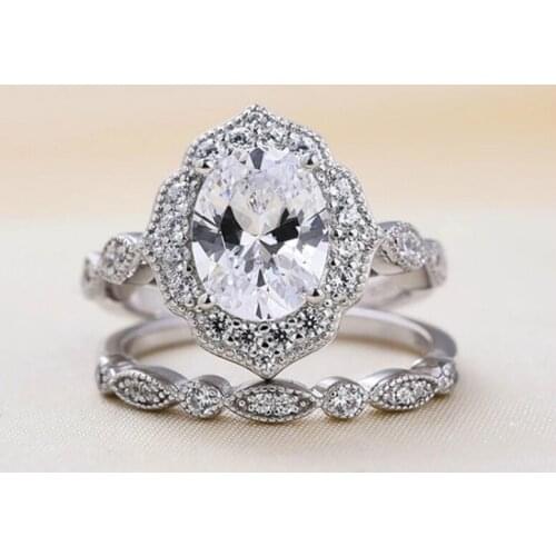 Luxury Multicolor Female Oval Stone Ring Real 925 Sterling Silver Engagement Set Of Rings For Women Crystal Solitaire Wedding