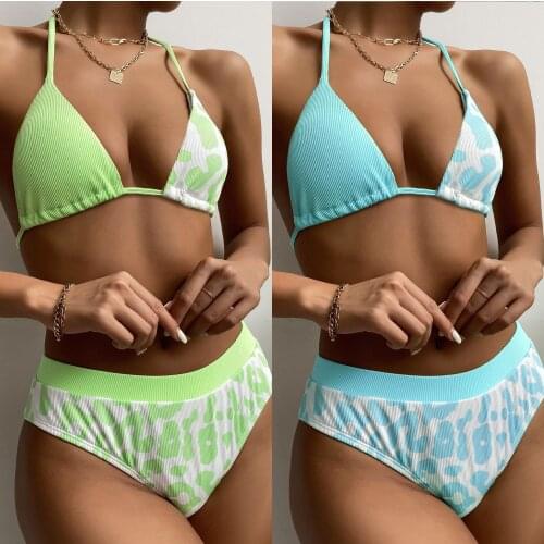 Sexy Printed Bikinis Summer Mujer High Waist Swimsuit Women V Neck Swimwear Female Bandage Bathing Suit Stripe Biquini